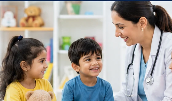 Representative child-care image with children and a doctor