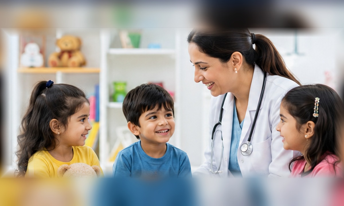Children interacting with a paediatric doctor in a friendly clinic